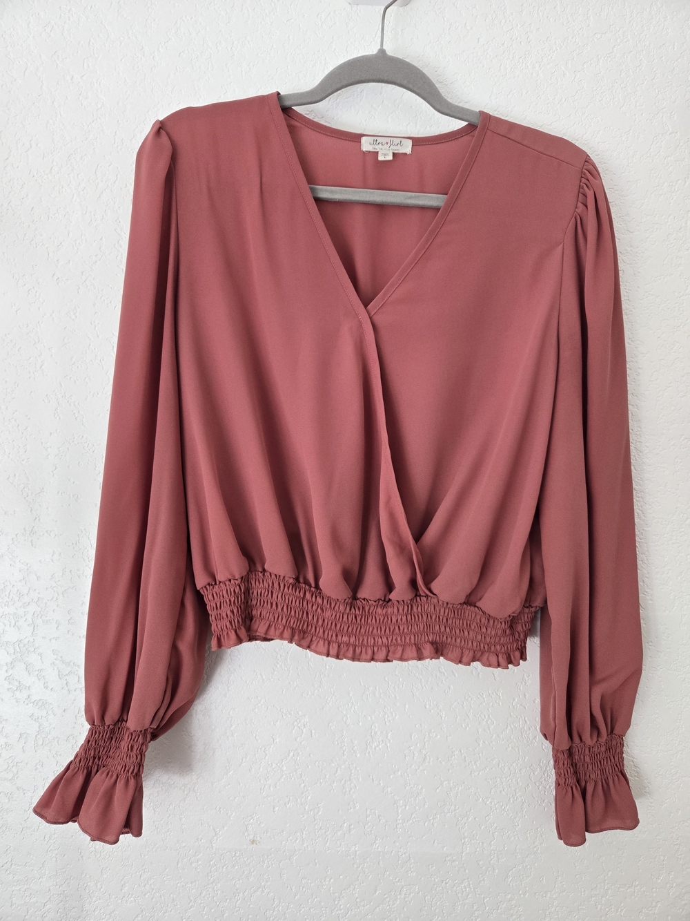 Ultra Flirt Dusty Rose Smocked Hem V-Neck Blouse
